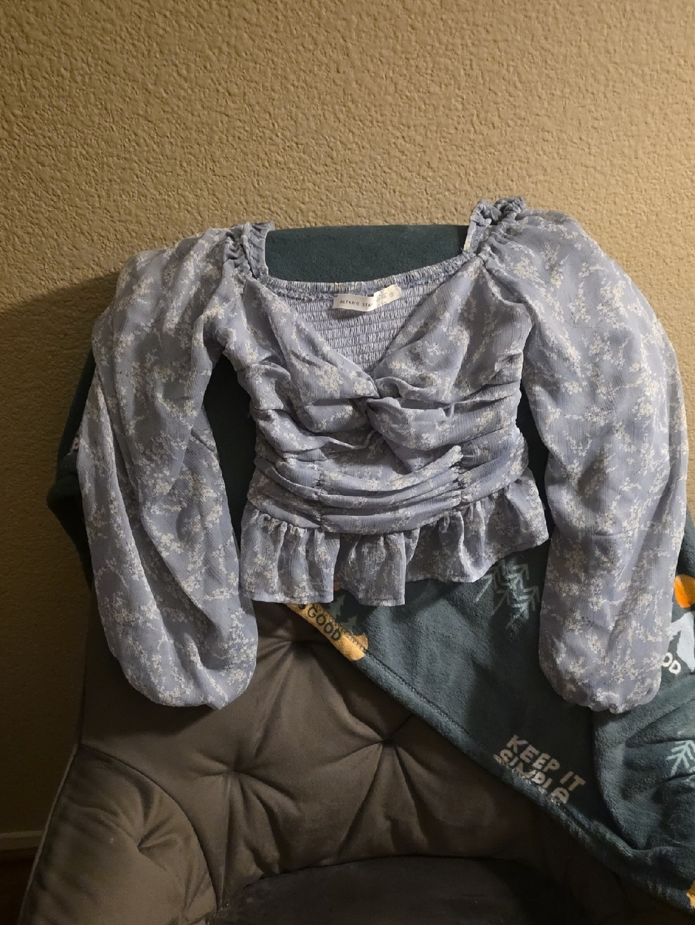 Altar'd State Light Blue Floral Smocked Peasant Top